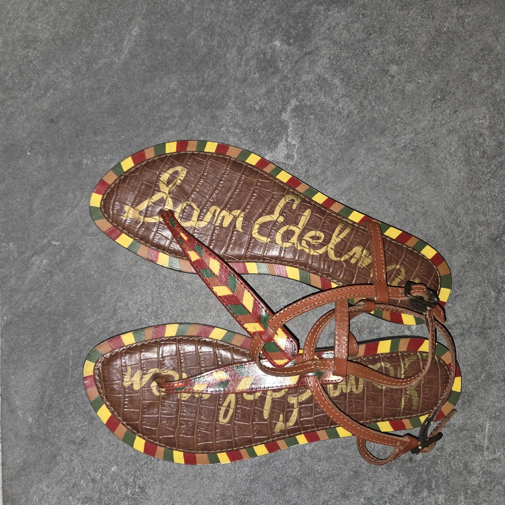 Sam Edelman Brown Sandals with Red, Green, And Yellow Accents, Bohemian Flair